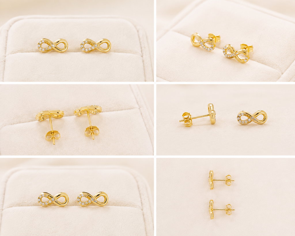 Aretes de Oro 10K con Diseño de Infinito y Detalles Brillantes
