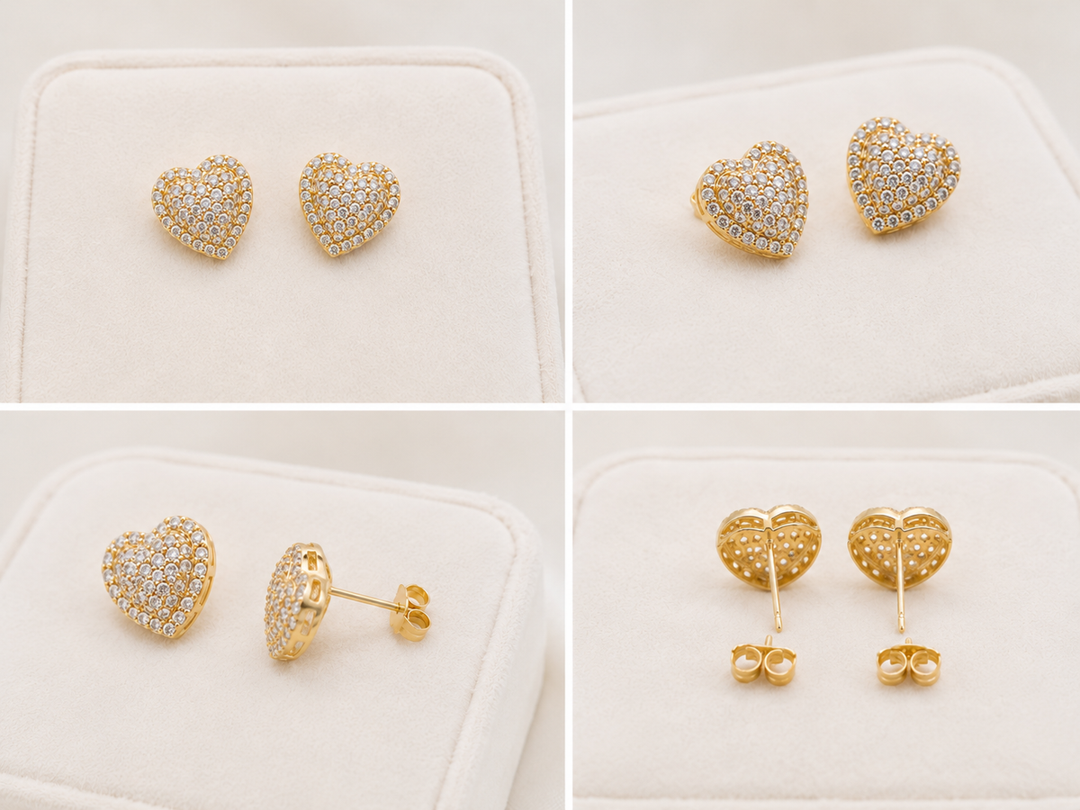 Aretes de Corazón en Oro 10K con Piedras Brillantes